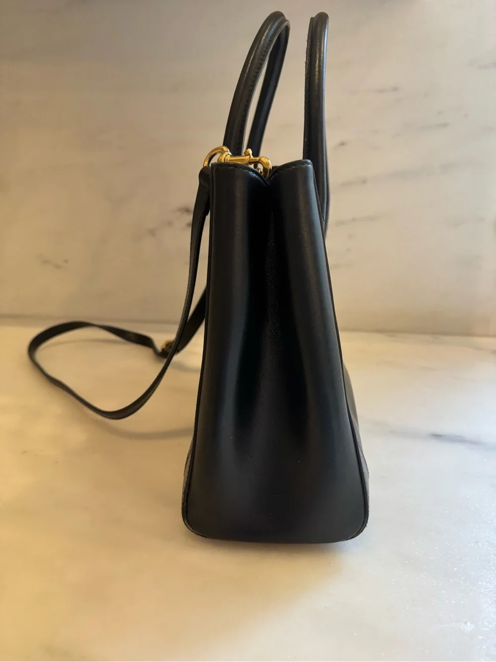 Gucci Classic Black Leather Top-Handle Satchel with Gold Hardware